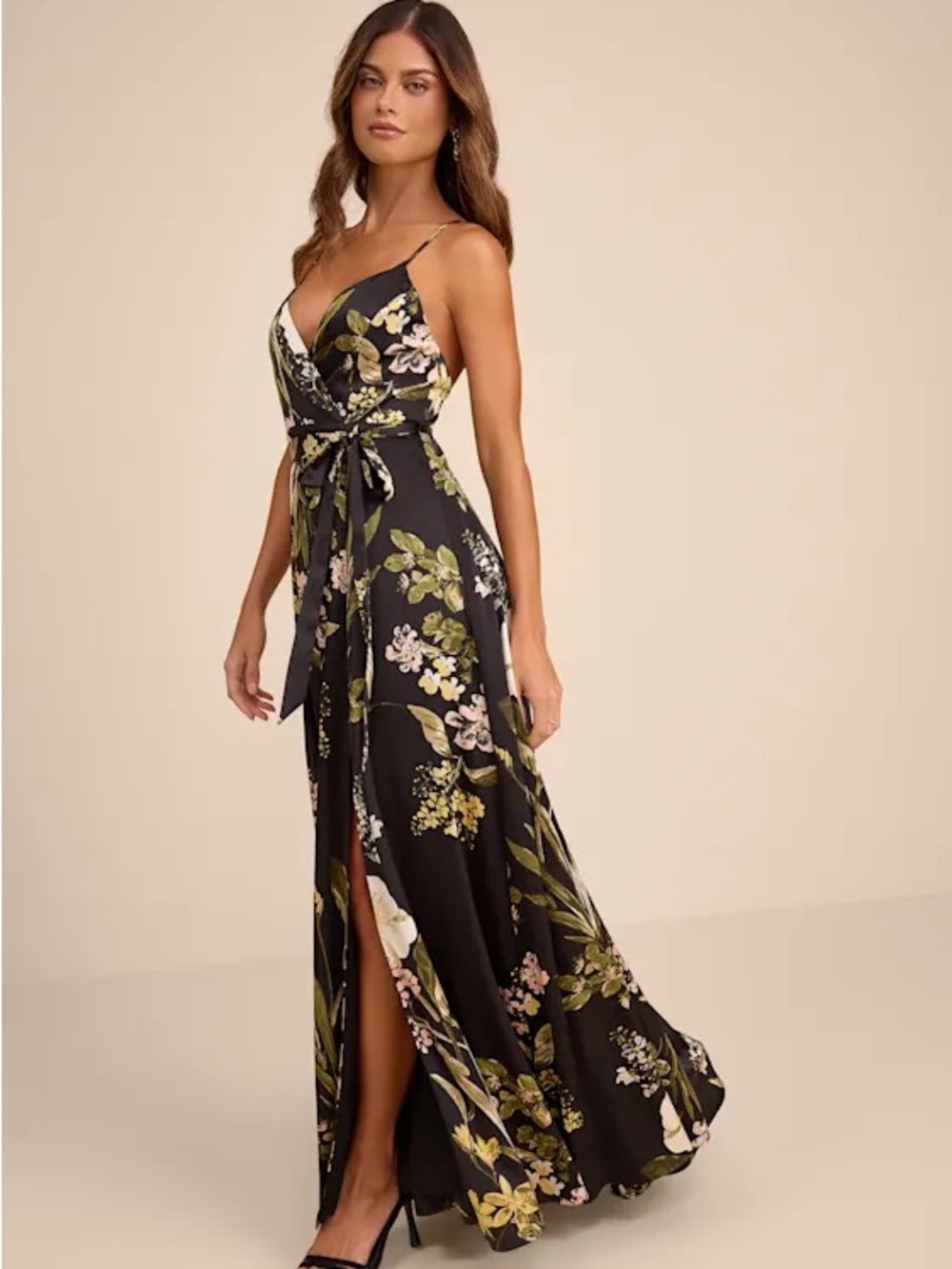 Lulu's Black Floral Wrap Maxi Dress with Green and Blush Print- NEW WITH TAGS XS - Picture 4 of 10